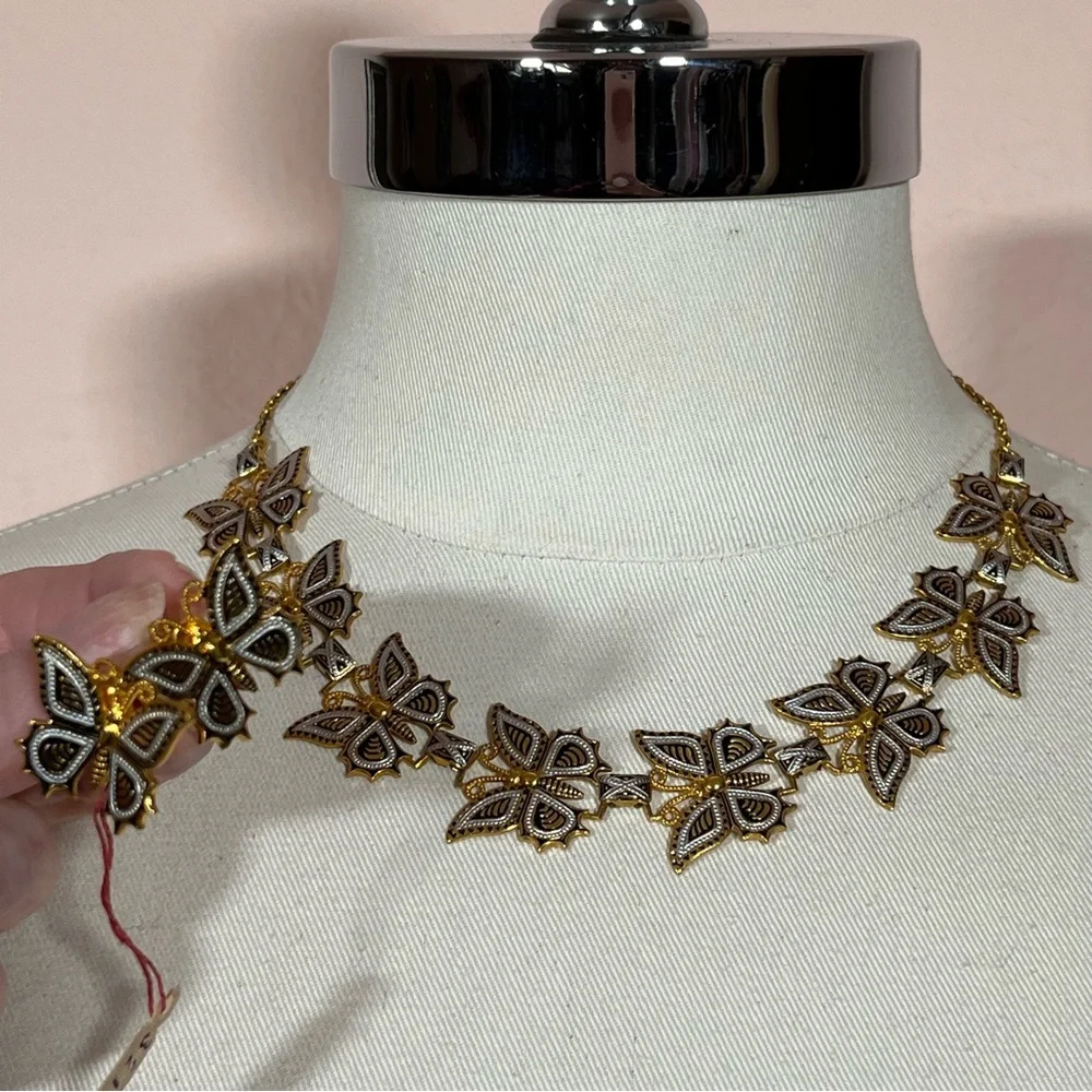 Art deco Gold Plated Spanish Damascene Butterfly vintage Necklace Earring set
